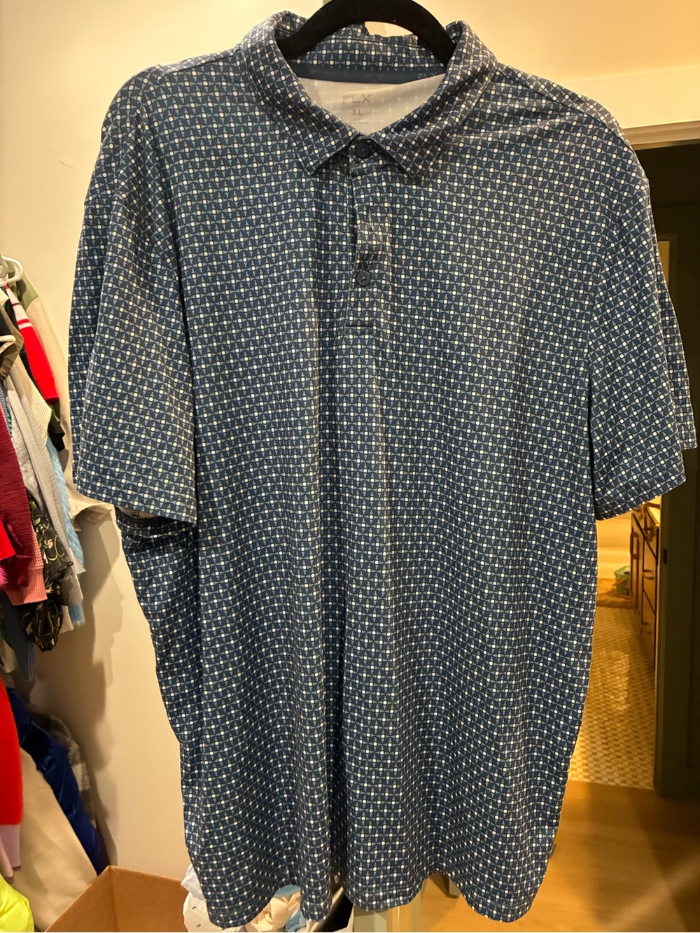 FLX Men's Blue Geo-Print Short Sleeve Polo size XL New No Tags